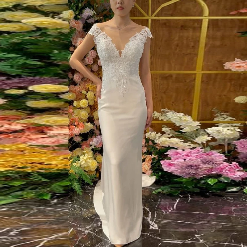 

Elegant Floor Length Mermaid Formal Dresses 2022 Sheer Necklines Lace Appliques Long Bridal Dress Bohemian vestido de casamento