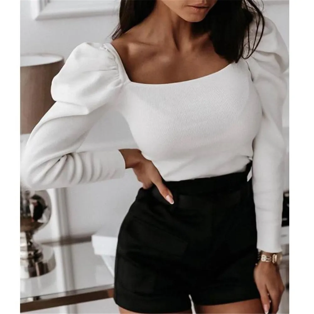 

Women's Blouse Puff Sleeves All-match Slim-fit Square-collar Solid Color Casual Blouse Women Autumn Spring New Palace Style Tops