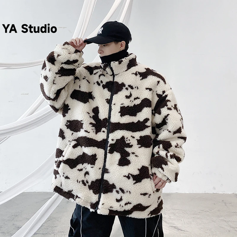 

[YA Studio] 2023 Winter Lamb Wool Cotton Coat For Men Cow Print Warm Tide Brand Loose Lamb Coat