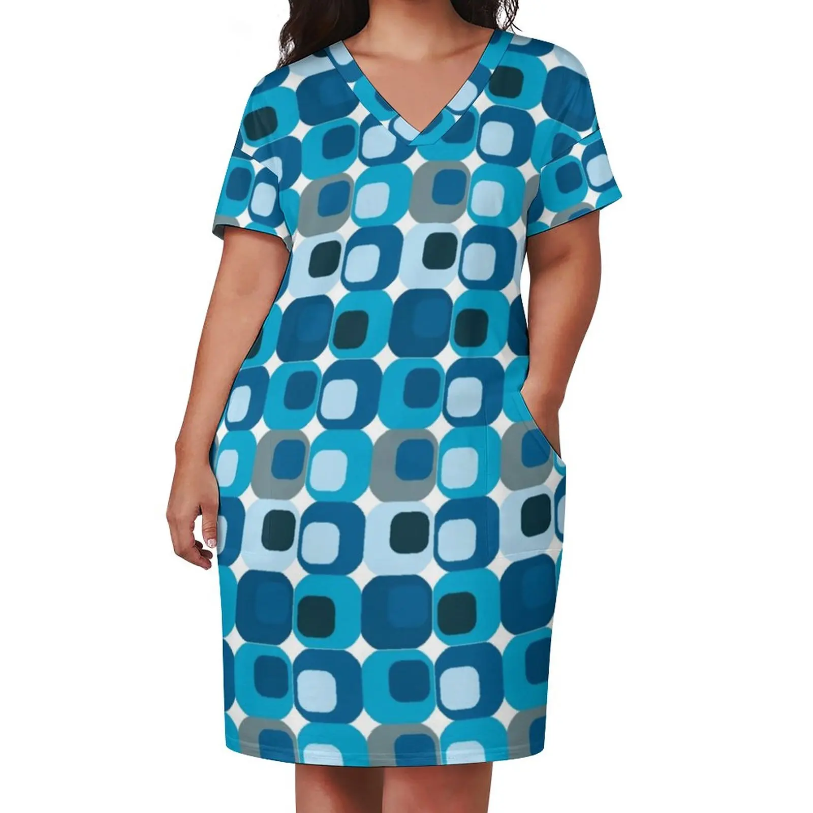 Retro Mod Square Casual Dress Summer Blue Abstract Print Stylish Dresses Female V Neck Graphic Street Wear Dress Plus Size