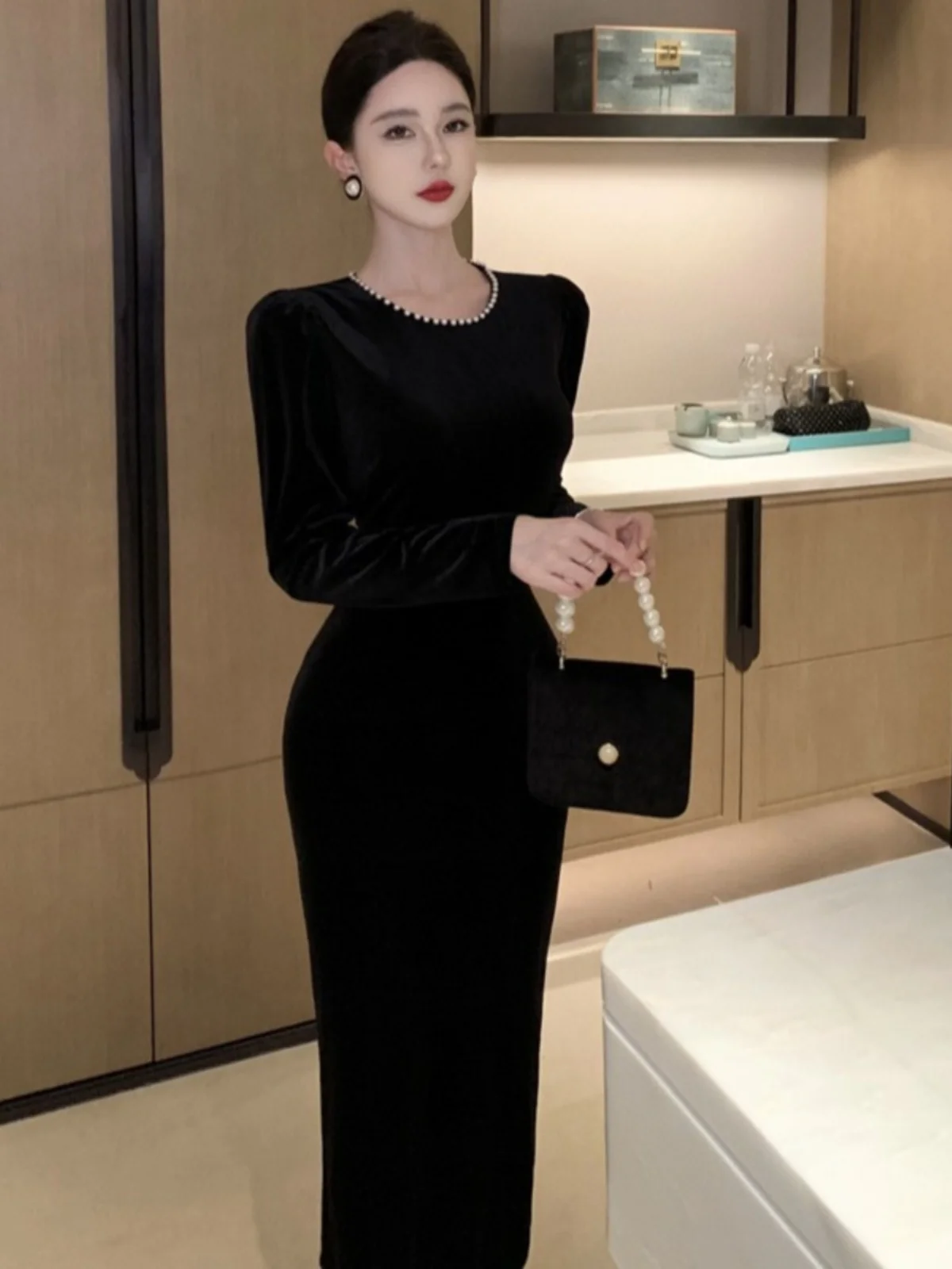 Французский sle Socialite Strong Atmosphere Женская одежда High Cold Royal Sister Sle Super Nice Sense Beads Retro Velvet ...