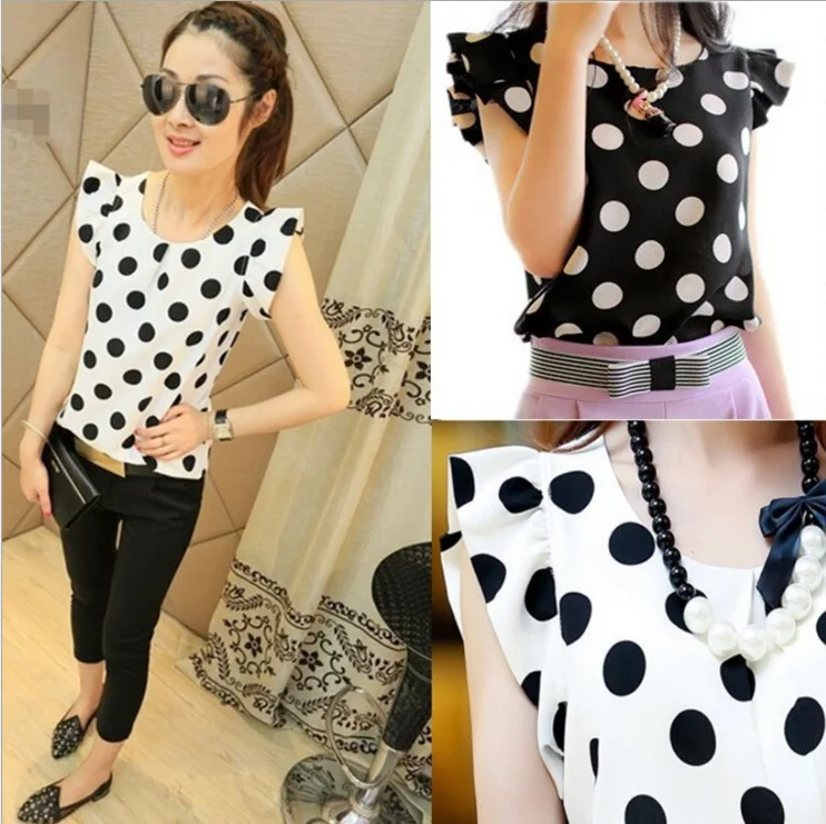 

Fashion Girl Dots Blouse Women Casual Chiffon Shirt Sleeveless Ruffle Sleeve Shirt Summer Tops Black White Simple 2022 New
