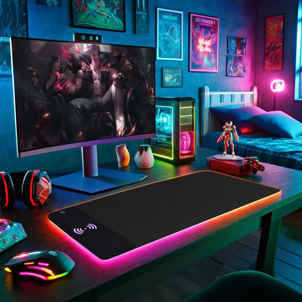 Коврик для мыши с беспроводной зарядкой 3 0 RGB светящийся в темноте