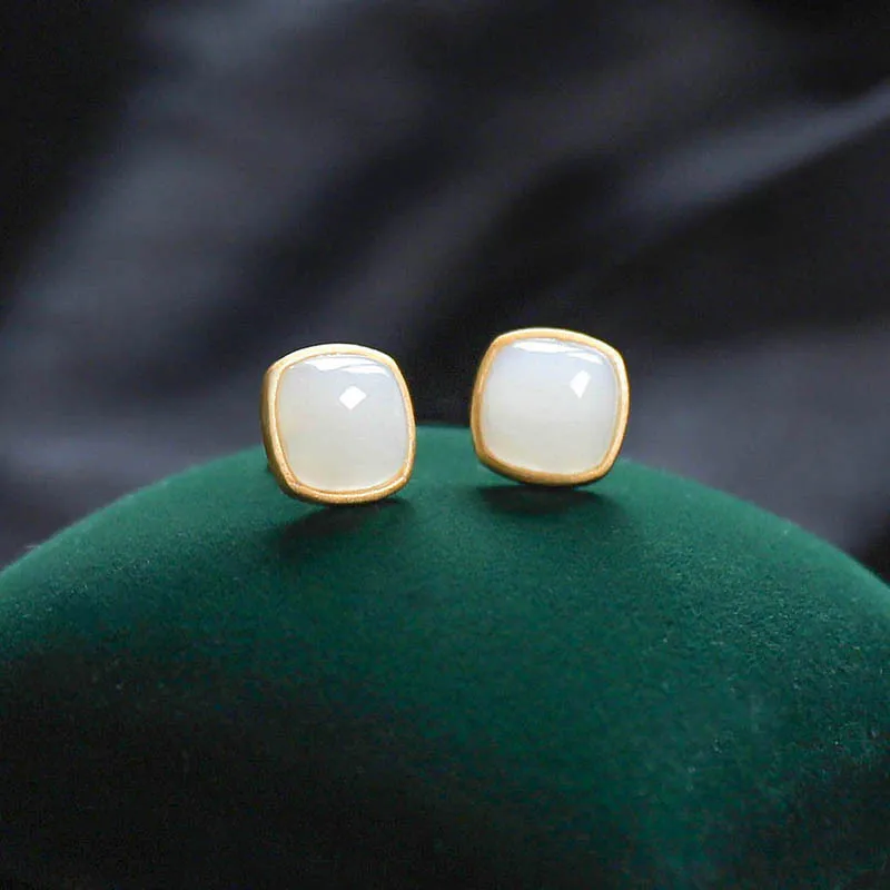 | Женские серьги-гвоздики из стерлингового серебра с натуральным нефритом Hetian