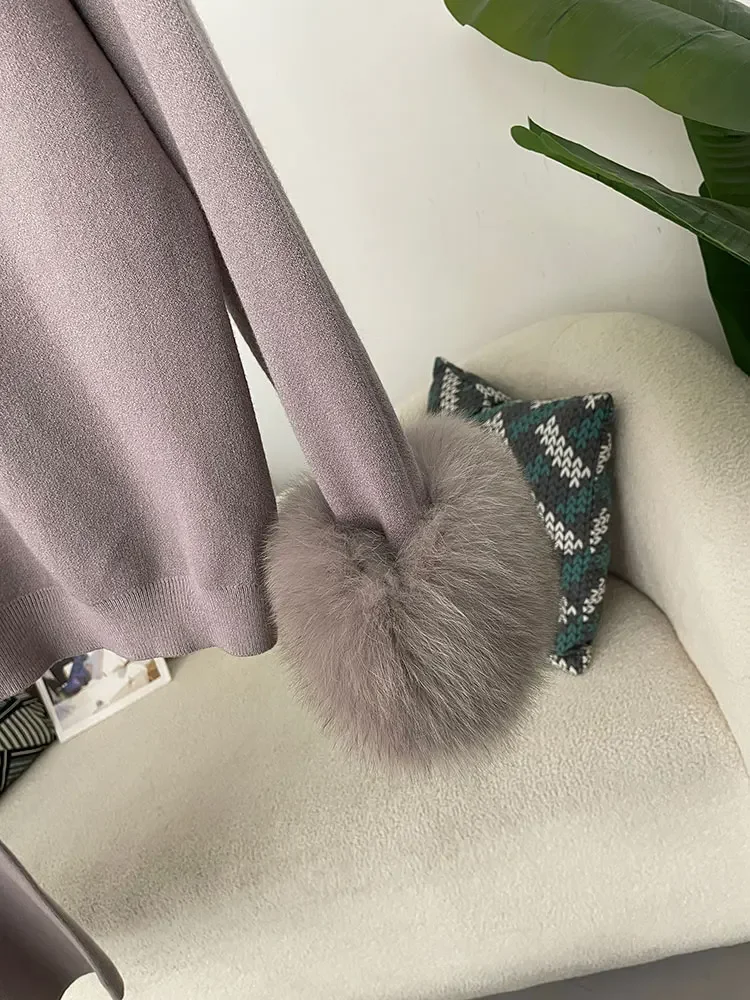 MENINA 2024 новая мода осень-зима натуральный лисьий мех манжеты пальто вязаный