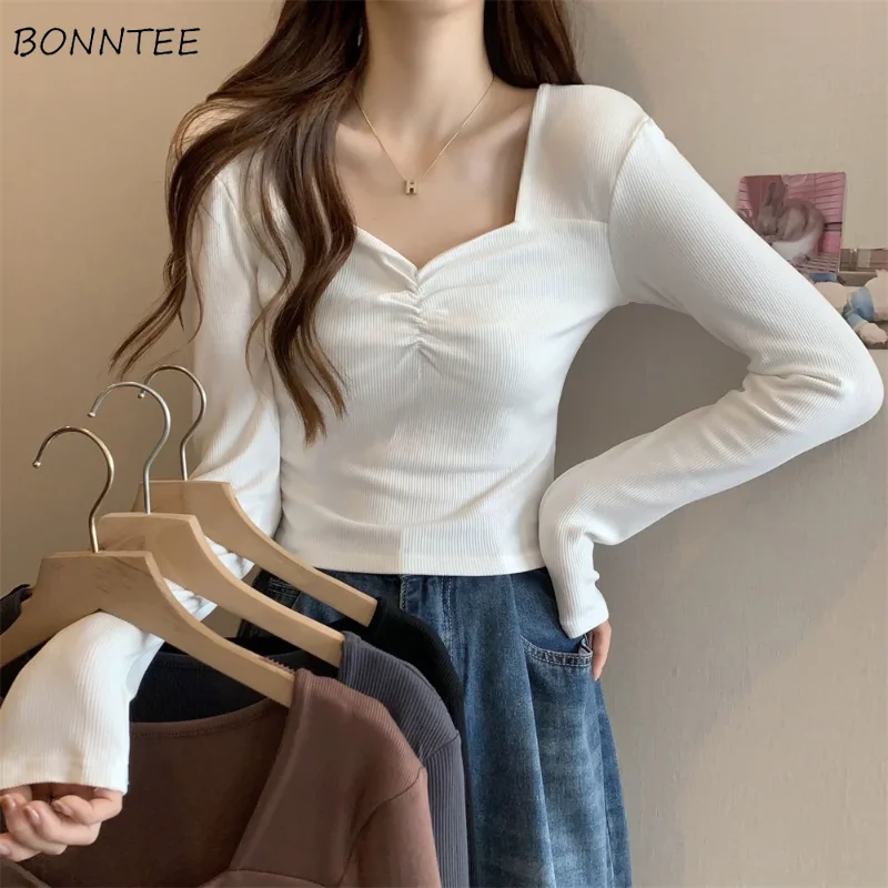 

Женская футболка с длинным рукавом, базовый дизайн со складками, тонкая простая универсальная Яркая модная повседневная футболка в Корейском стиле, Ulzzang