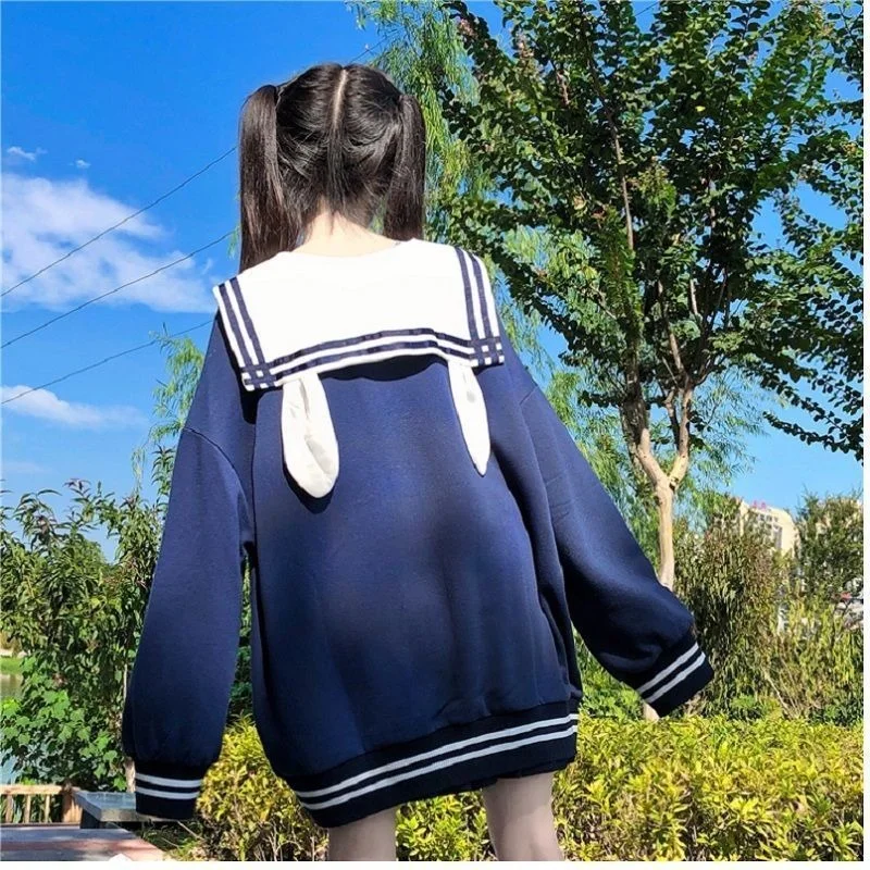 

Kawaii Teddy Bear Sweatshirts Women Bow Sailor Suit Cute Pullovers White Preppy Style Sweet Girl Spring Autumn Plush Sweatshirts