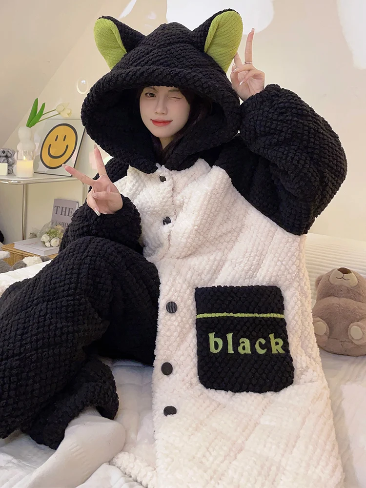Autumn and Winter 2024 New Three-Layer Quilted Women Nightgown Coral Fleece Pajamas Fleece-lined Thickened Homewear Set