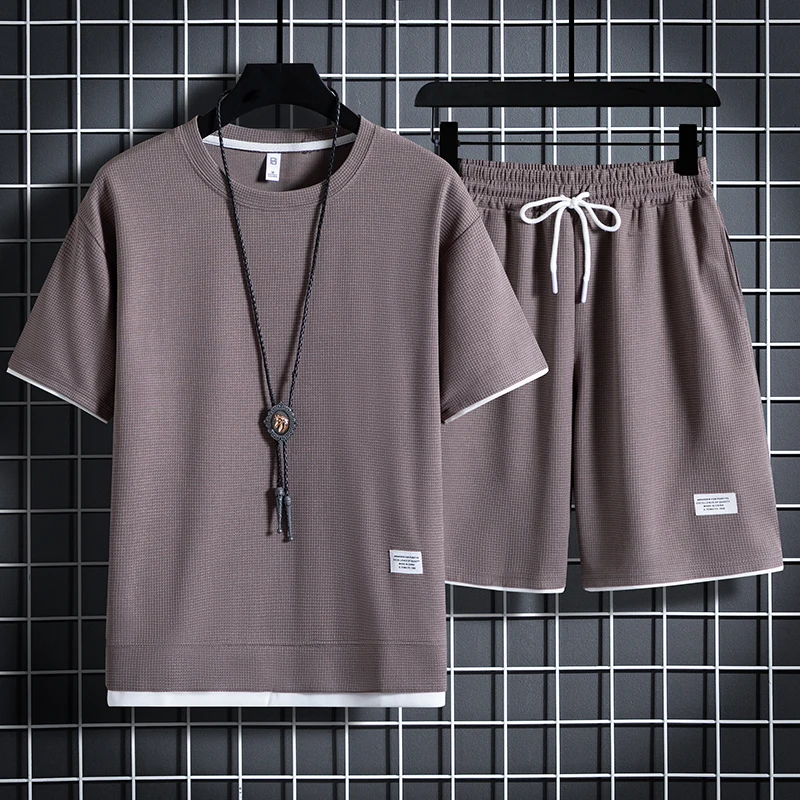 Solid Color 2023 Summer Waffle Short Sleeve Men's Sets 2 Piece T-Shirt And Shorts Suits Sportswear Top Tees&Elastic Waist Jogger