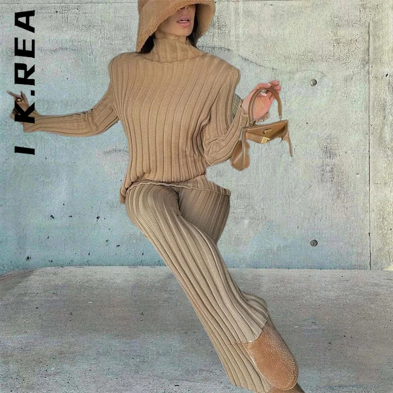 

I K.Rea New Women Set Chic Knitted Long Sleeve Sweater Top And Pants 2 Piece Sets High Waist Ladies Female Women's Warm Suit