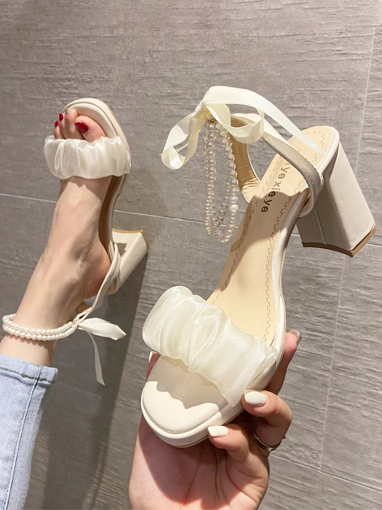 

Босоножки женские с жемчугом, прозрачные туфли на каблуке, с бантом, высокие удобные черные, на шнуровке, комплект, бежевые, лето 2023