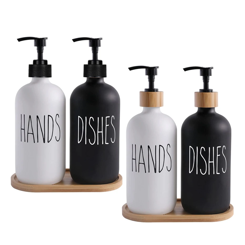 

Soap Dispenser Bottle Matte Black Kitchen Refillable Hands Dishes Press Bottle Bamboo Wood Pump Bathroom Storage Bottle 500ML