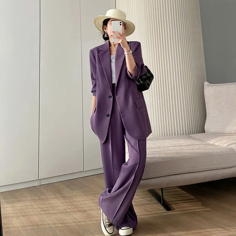 2021 Spring Women's Purple Suit Jacket New Korean Version Fashion Slim Temperament Long-Sleeved Two-Piece Suit