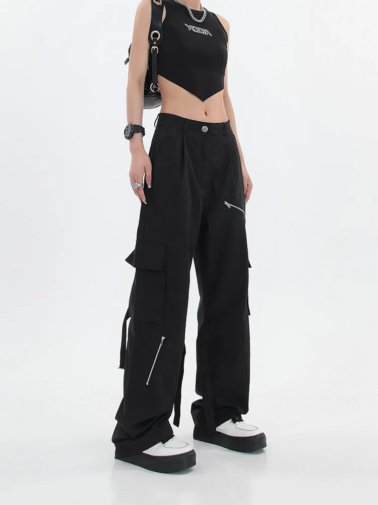 

2022 Vintage Gothic Women Fashion High Waist Casual Loose Wide Leg Pocket Cargo Pants Solid Overalls Trouser Streetwear Style