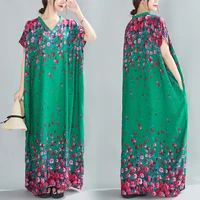 2022 Summer New Green Printed Cotton V-neck Dress Over Knee Long Versatile Dress