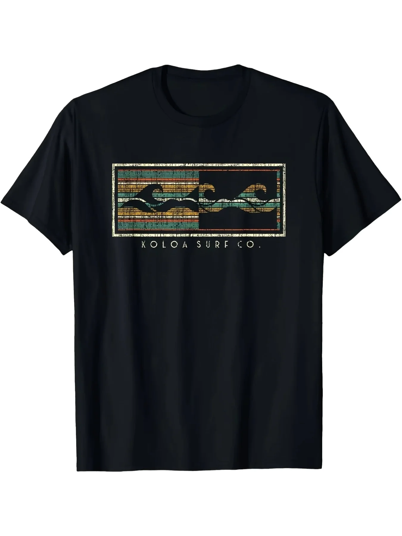 Фото Мужская футболка для серфинга в стиле ретро от KOLOA SURF CO. — винтажный гавайский дизайн с изображением волн, короткий рукав, круглый вырез, повседневная пляжная одежда, черный цвет. №1