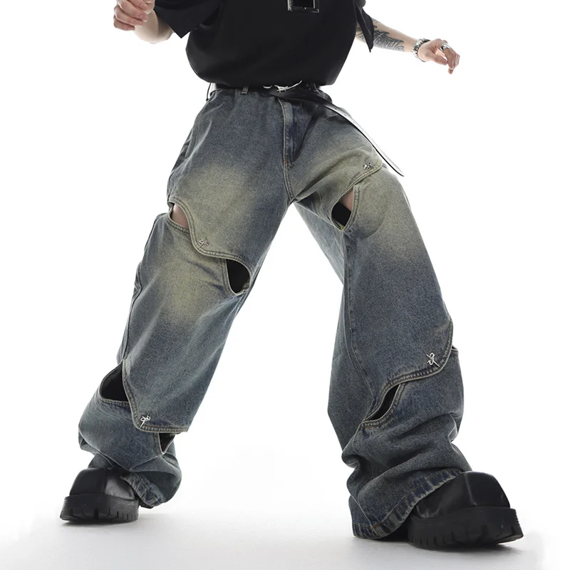 NOYMEI Male Y2k Jeans High Street Patchwork Loose Men Hollow Out Trendy Vintage Metal Button Straight Denim Pant Wide Leg WA1321