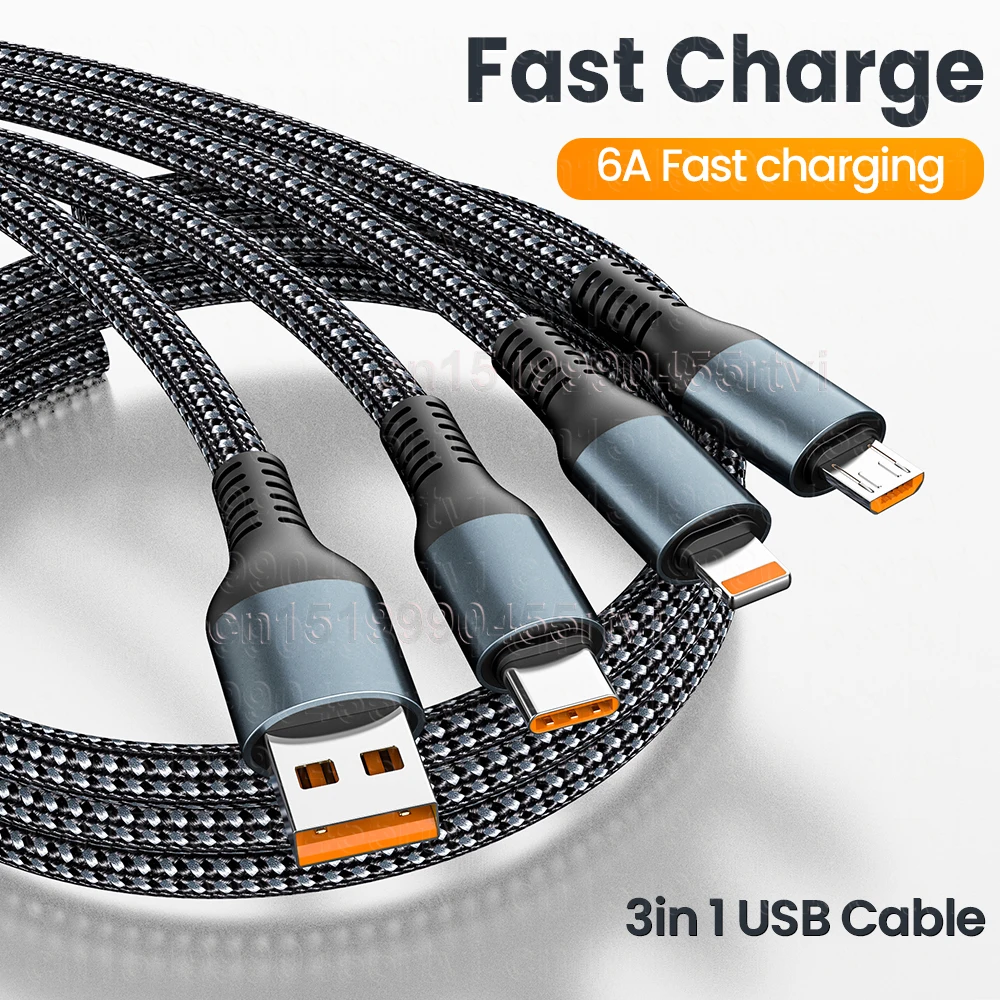 

3in1 6A 120W SuperCharging USB Cable For iPhone USB A To Type C 8Pin Micro USB Fast Charger Data Cable For Samsung Xiaomi Huawei