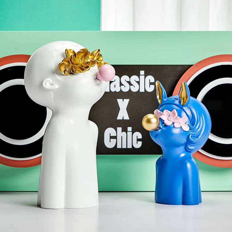 

Nordic Resin Blowing Bubbles Girl Boy Statue Accessories Home Livingroom Table Figurines Crafts Office Desk Ornaments Decoration