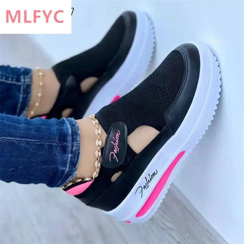 

2022summer large size flying woven breathable casual shoes wedge heel thick bottom hollow round toe low top women's single shoes