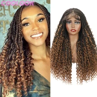 bohemian box braids lace wigs for black women 20 inch synthetic ombre brown braided lace front wigs with curly ends cosplays wig
