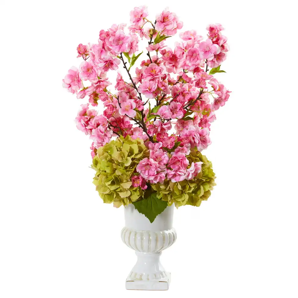 

23in. Hydrangea and Cherry Blossom Artificial Arrangement in White Urn