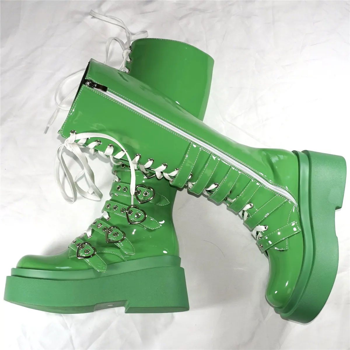 Winter Fashion Sneakers Women Green Patent Leather Wedges High Heel Knee High Boots Female Round Toe Platform Pumps Casual Shoes