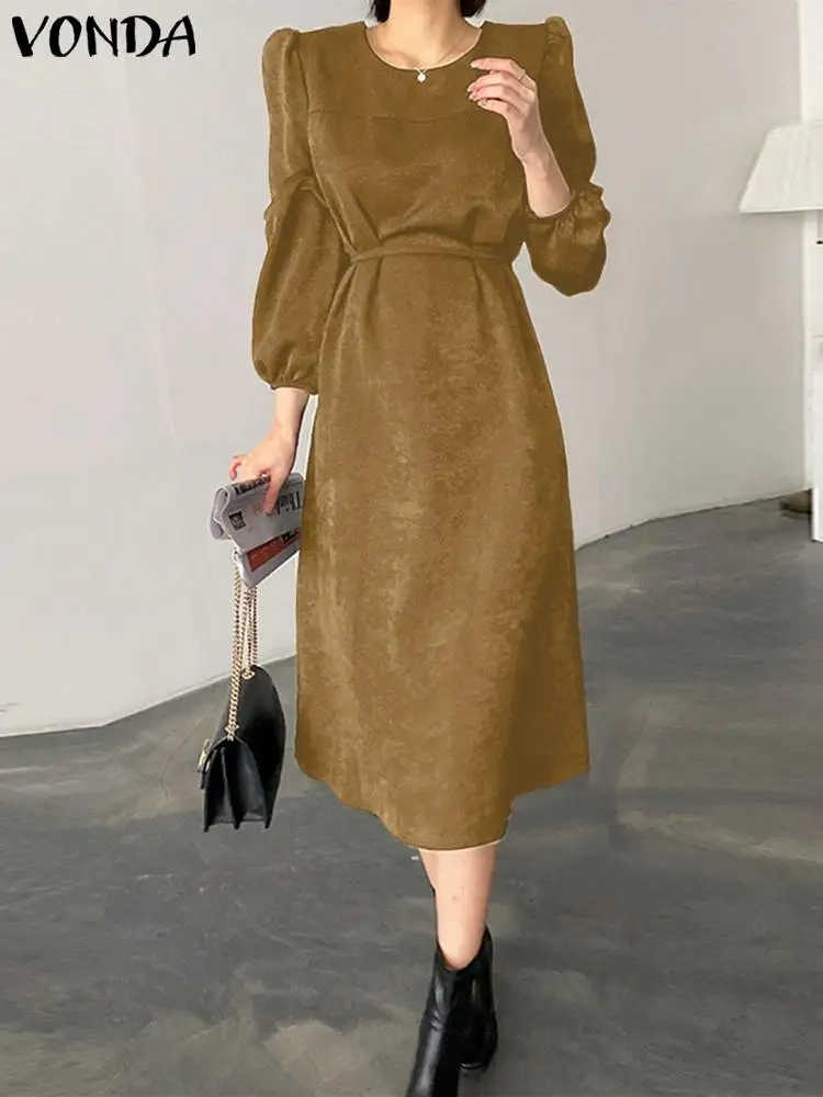 

VONDA 2022 Y2K Elegant Female Pleated A-line Dress Polyester Long Party Sundress Spring Women 3/4 Sleeve Holiday Robe Oversized
