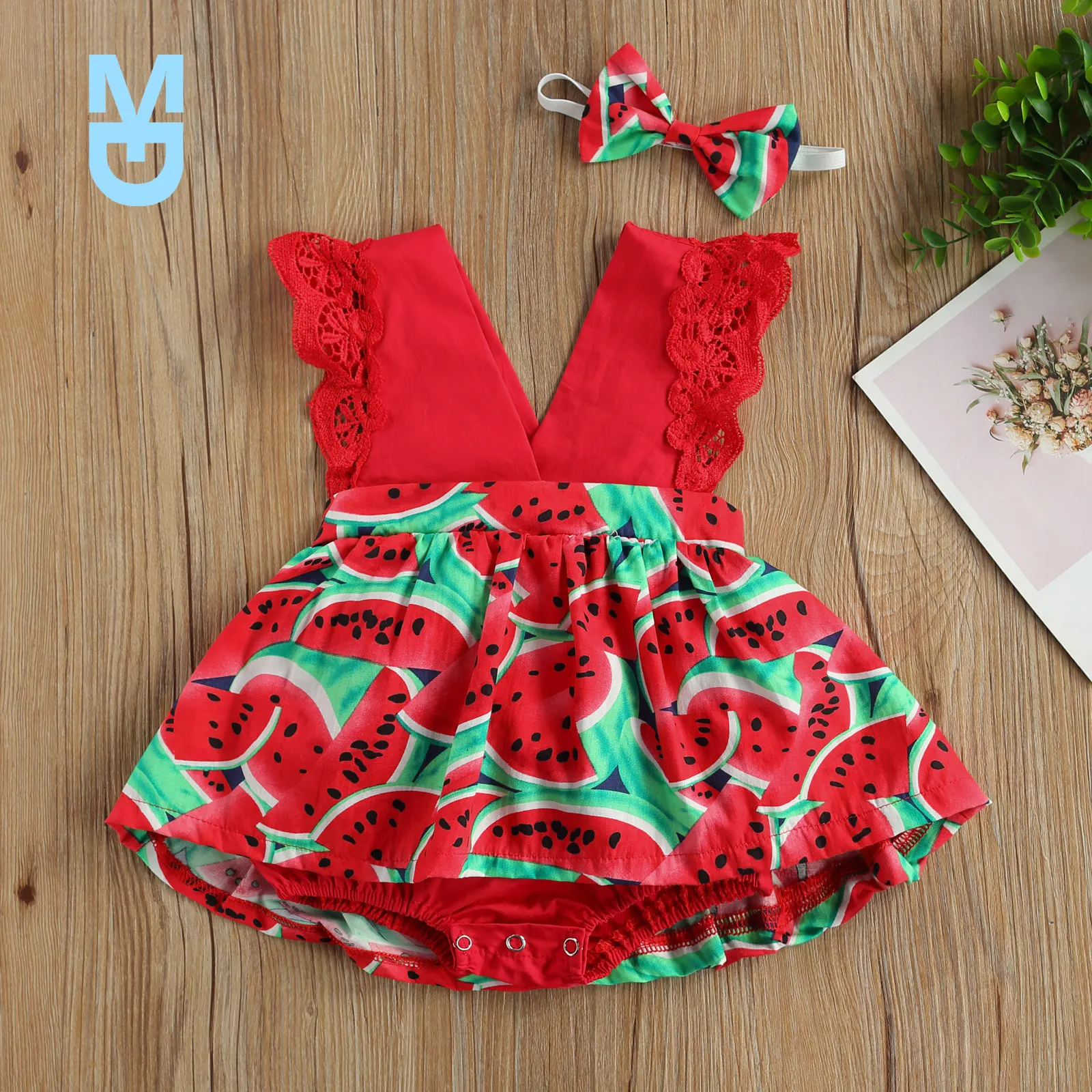 

New Citgeett Summer Infant Baby Girls Watermelon Print Clothes Set Sleeveless Deep V-neck Short Jumpsuit + Bow-knot Headband
