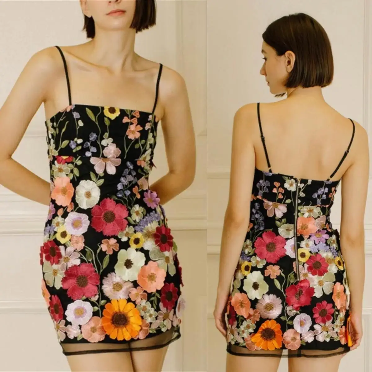 

14671#VAN Black Mini Prom Bridal Gown Hand Embroidered Botanical Floral Dress Romantic Wedding Dress 3D Flowers Evening Dress