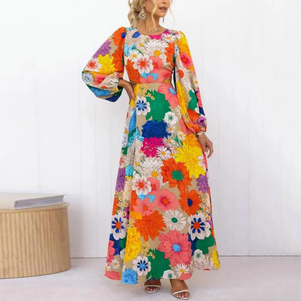 

Женское весеннее платье, разноцветные женские платья макси с рукавами с отверстиями и высокой талией для осени и весны, женские праздничные платья с принтом