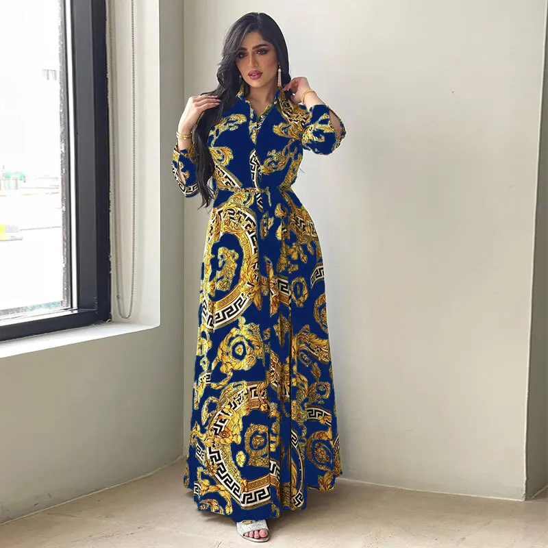 

Spring Muslim Women Dress Morocan Kaftan Long Sleeve Turkey Dubai Print Abaya Islamic Clothing Elegant Vestido India Dresses