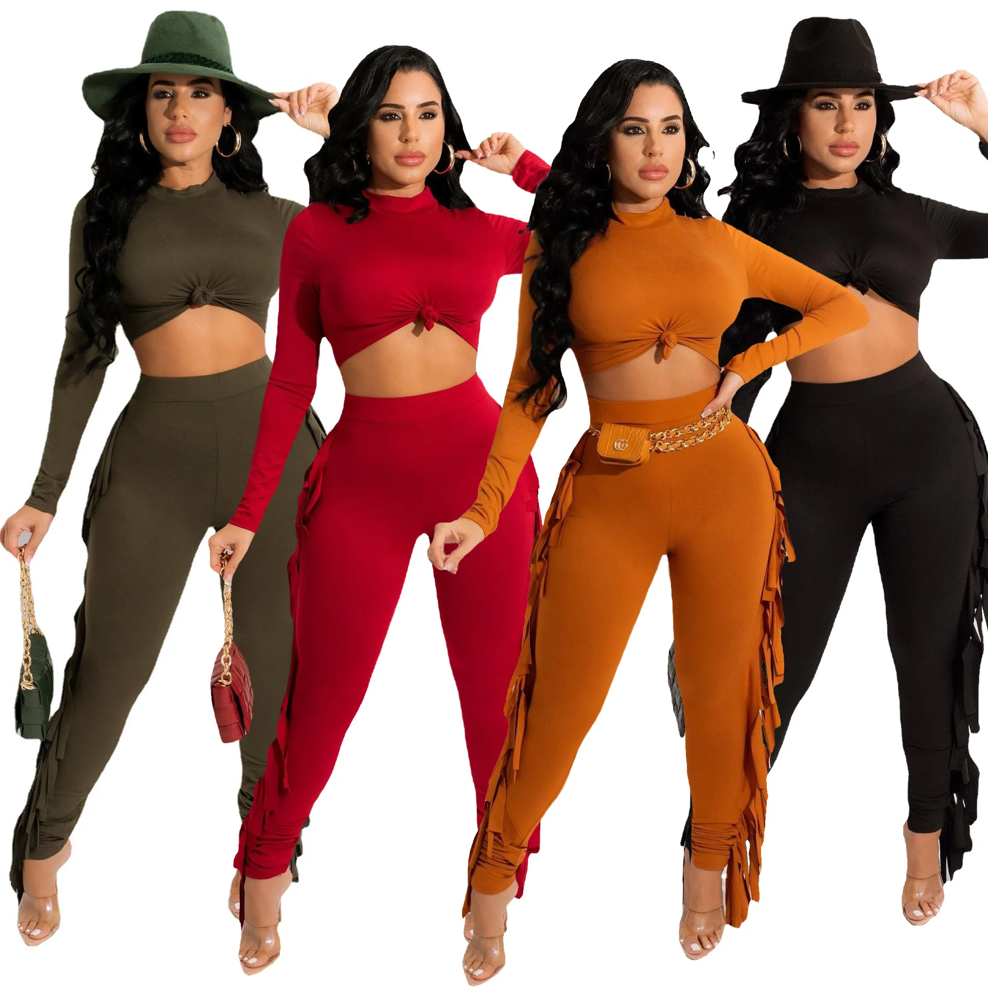 

Женские комплекты из 2 предметов с длинными брюками с бахромой, Топ с длинным рукавом и высоким воротником, соблазнительная Клубная одежда, ...