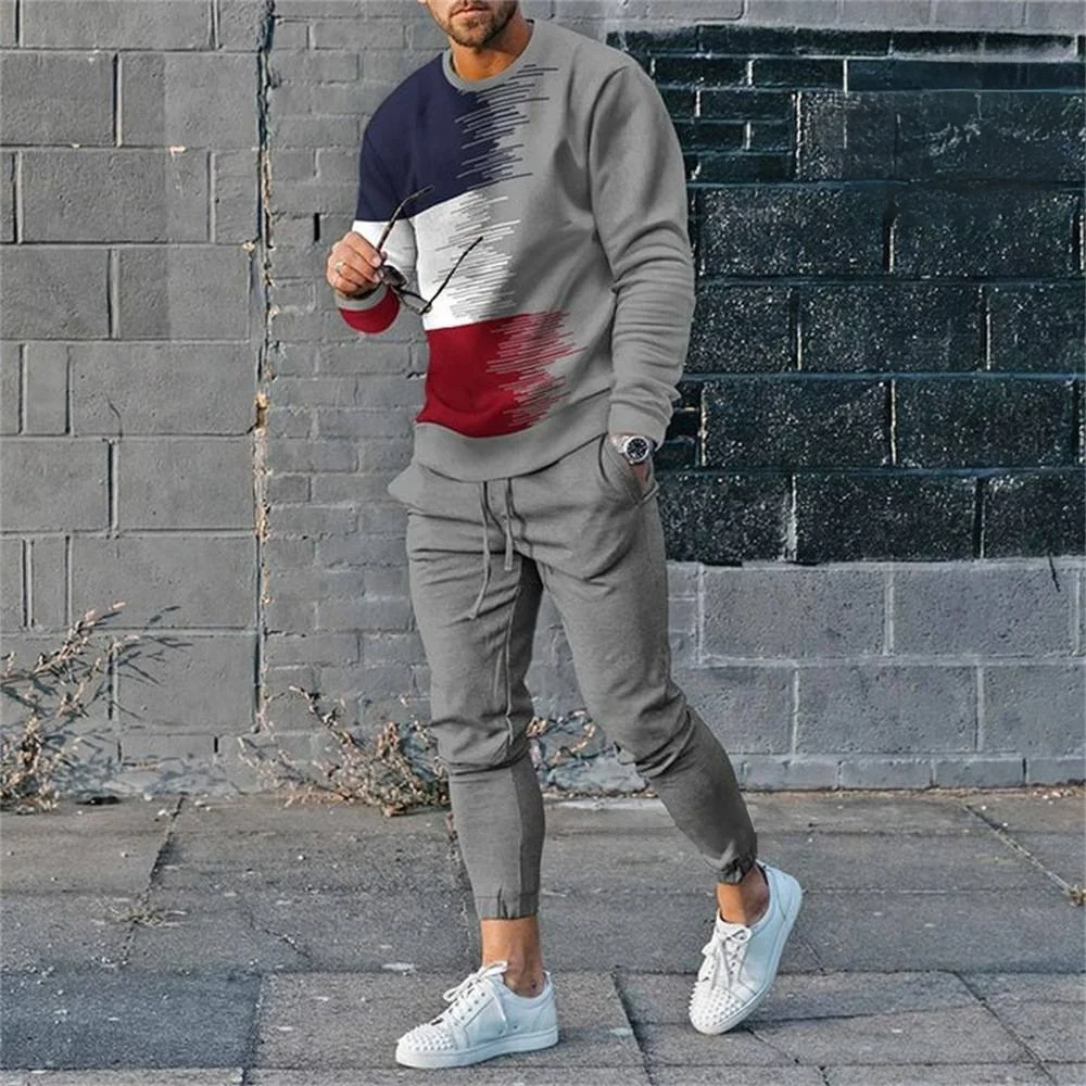

Autumn Men's Sportwear Casual Suit Long Sleeve T Shirt 2 Piece Sets Men Tracksuit Striped Pattern Casual Trend Oversized Clothes