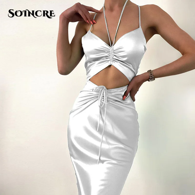 

Sexy Halter Hollow Out Lace Up Drawstring Satin Midi Dress Women 2022 Fashion Ruched Bodyocn Solid Color Elegant Party Dresses