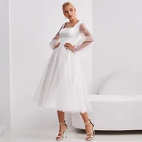 modern midi wedding dress white tulle square neck a line short wedding gown 2022 backless tea length puff sleeves bridal dresses