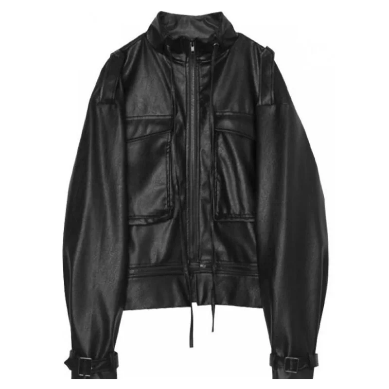 Fall Fried Street Korean Streetwear Coat Removable Hem PU Leather Jackets Niche Dark Women Zipper Motorcycle Steampunk Outwear