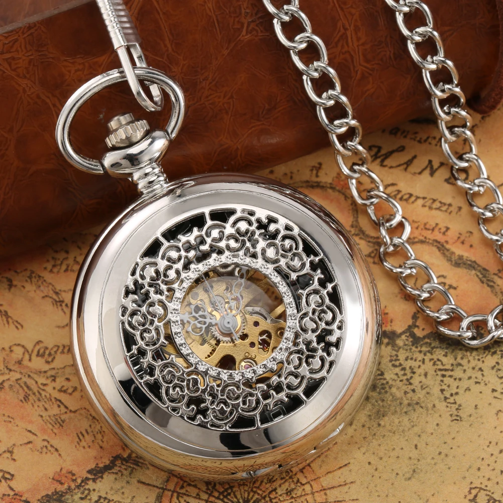 Hollow Half Hunter Silver Mechanical Pocket Watch Arabic Numerals Display Vintage Luxury Hand Winding Pocket Timepiece