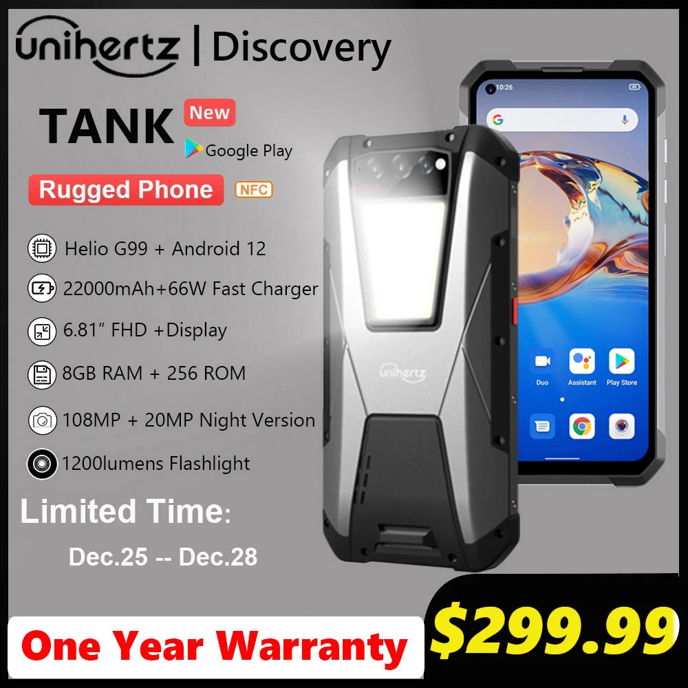 Unihertz TANK Larger Battery Rugged Smartphone 22000mAh Night Vision 108MP G99 12GB 256GB Android 12 Unlocked Mobile Phone