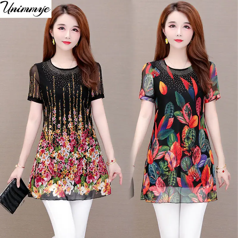 

Fashion Short Sleeve O-Neck Print Chiffon Shirt Women's Clothing Summer Loose Casual Pullover Blouse Blusas Mujer De Moda E03