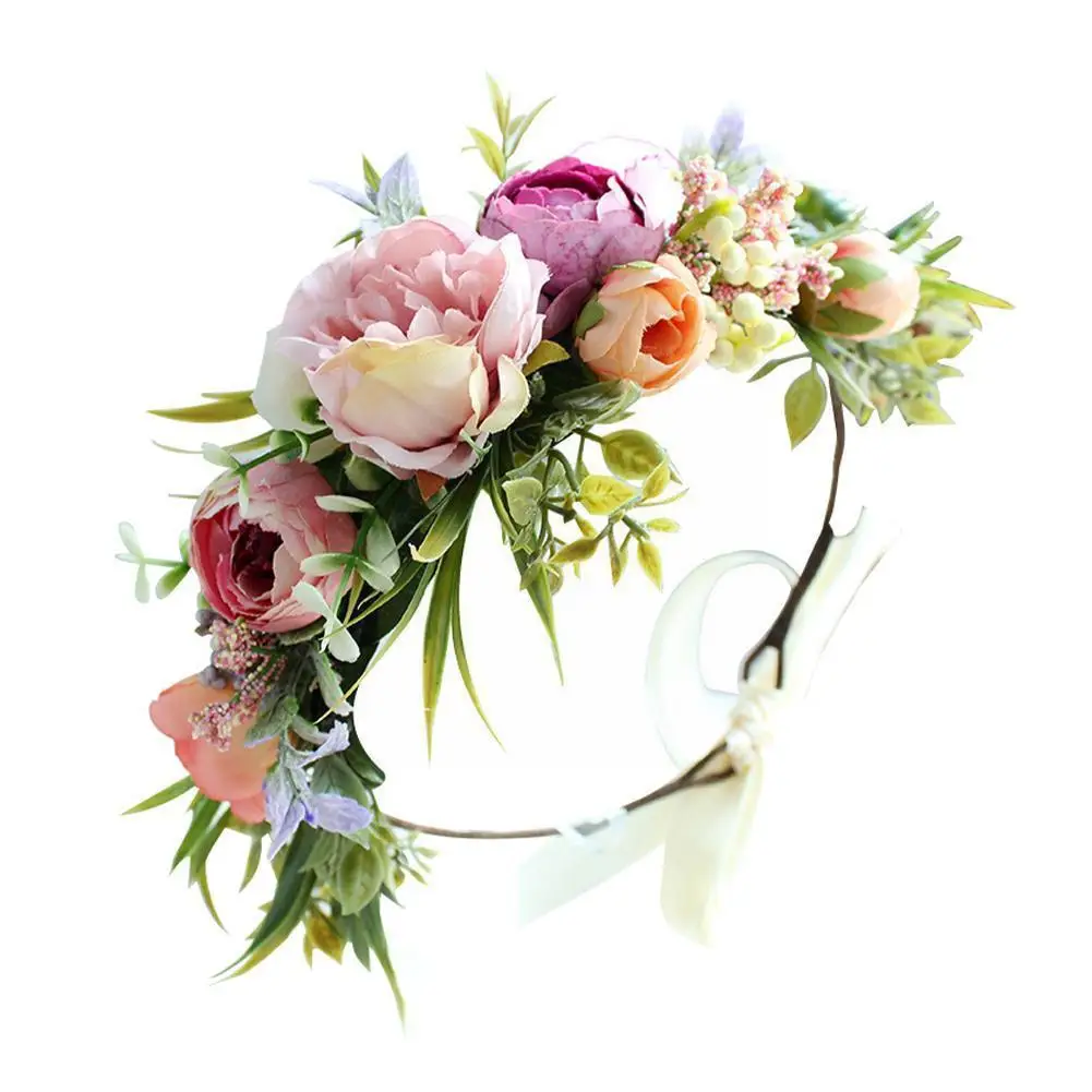 

Romantic Faux Rose Wedding Brid Garland Princess Wreaths Flower Bohemian Garland Hawaii Floral Crowns Headband Spring Beach Q2B6