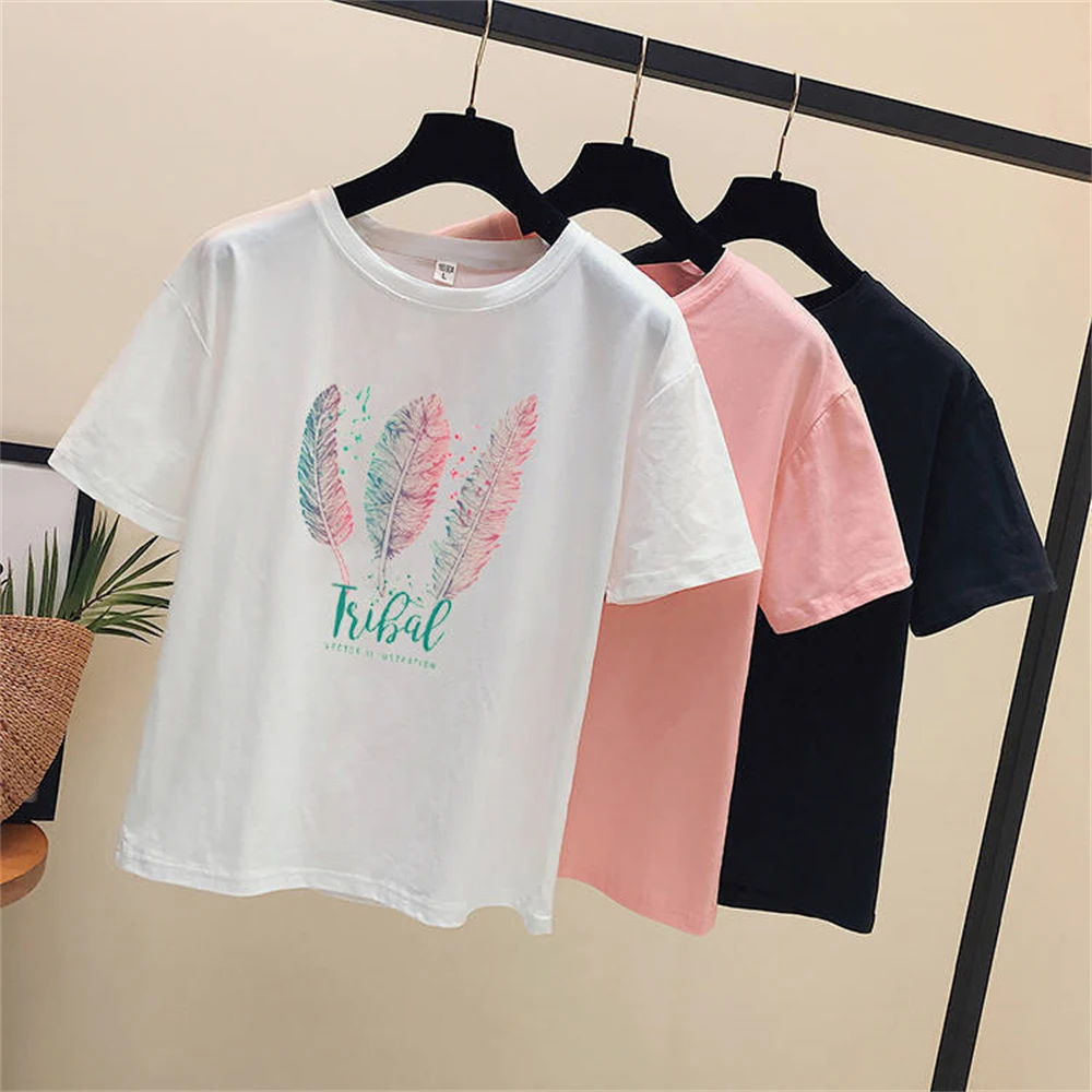 

Summer Short Sleeve T-Shirt Women Tee Shirt Loose Solid Basic T Shirt Women Casual O-Neck Letter& Flower Print Harajuku Tops
