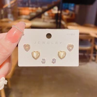 3pairs s925 sterling silver needle heart zircon opal decor fashion design stud earrings set