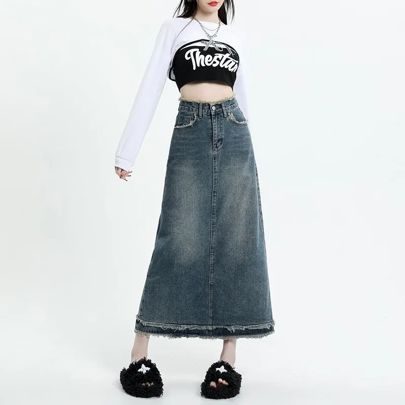 

Denim Skirt Women's Ins Summer Niche Design Sense Vintage High Waist A-line Thin Raw Trim Mid-length Skirt Hip Wrap
