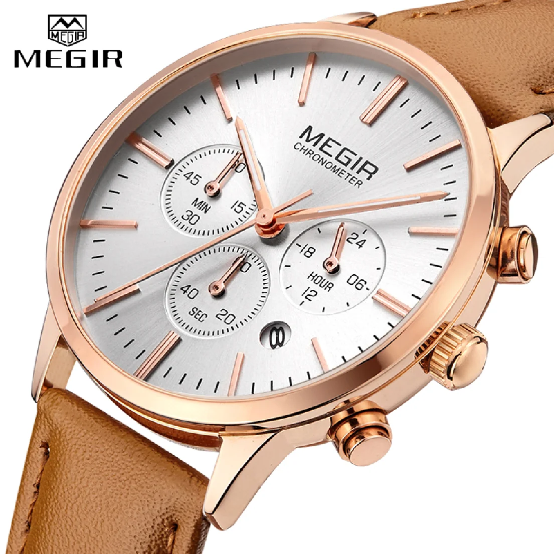 

Megir Chronograph Date Indicator Brown Leather Strap Quartz Wrist Watch for Women Ladies Fashion Gold Rose Wristwatch ML2011L