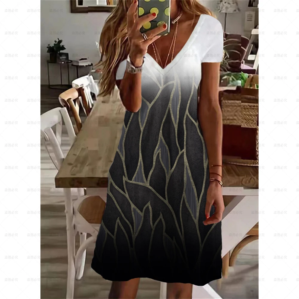 

Summer 2022 Leaf Print Satin Ladies Loose V Neck Gradient Dress Elegant Short Sleeve Boho Beachwear