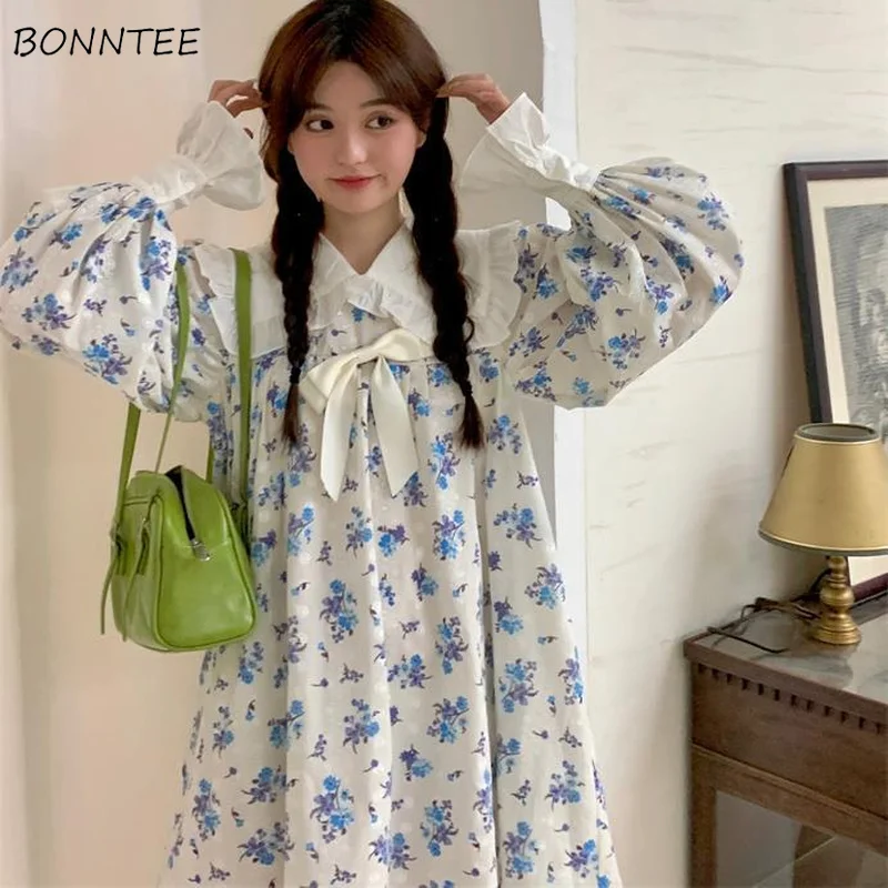

Long Sleeve Dress Women Autumn Tender Floral Simple Newest Sweet Peter Pan Collar Korean Style Holiday College Casual All-match