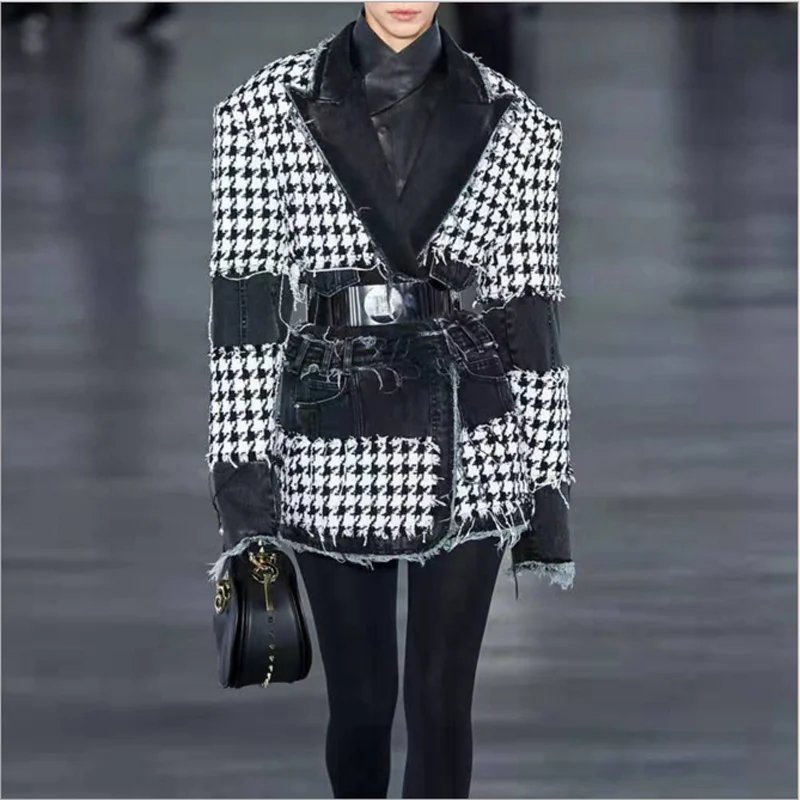 

HIGH QUALITY New Fashion 2022 Designer Women's Denim Patchwork Fringed Houndstooth Tweed Blazer Jacket