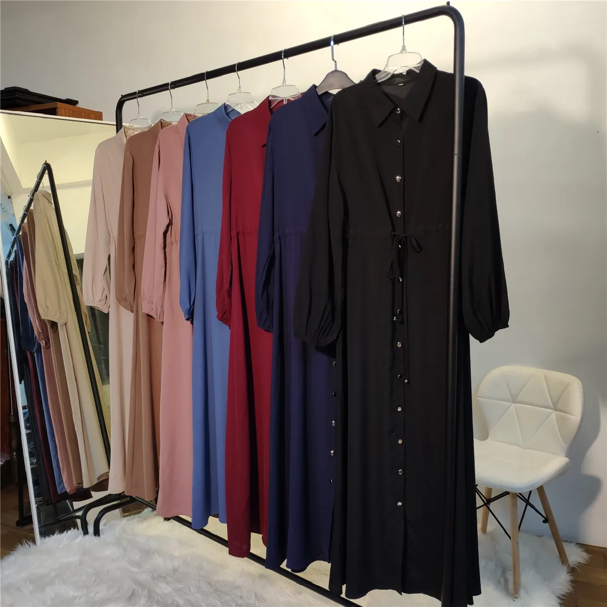 Blue Long Sleeve Dress Lapel Women Black American Korea Europe Solid Color Muslim Girl Casual Clothing Islam Femme Kaftan Robe