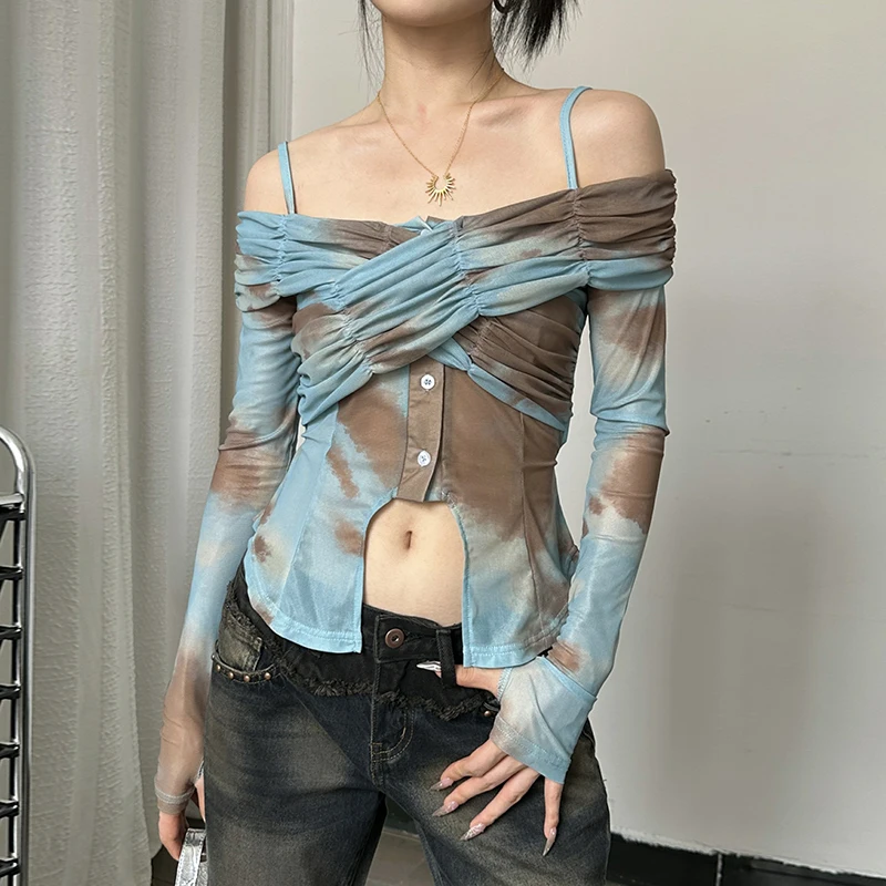 

Lygens Mesh Tie Dye Print Deep V Button Off The Shoudler Hollow Out High Waist Long Sleeeve Autumn Y2K Wholesale Casual Clothing